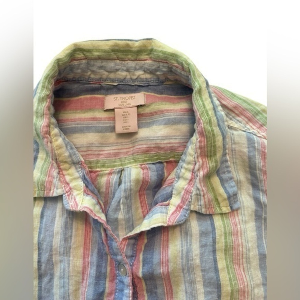 St. Tropez West Long Sleeve Striped Linen Shirt - Womens Size Large - Multicolor